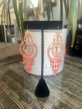 Gold-Tone Coral Beaded Chandelier Earrings